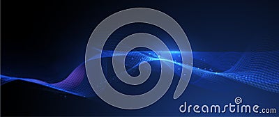 Vector Abstract flowing wave line, particle dot pattern, neon light on dark blue gradient background. Stock Photo