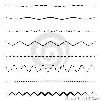 Wave line patterns. Various black strokes. Simple and dashed. Seamless horizontal. Vector Illustration