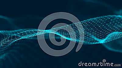 Wave of particles. Futuristic blue dots background with a dynamic wave. Big data. 3d rendering. Stock Photo
