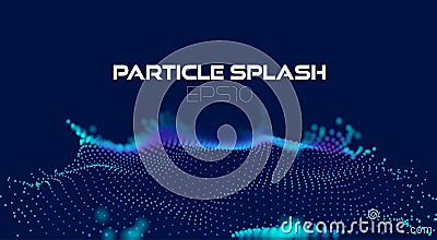 Wave particles grid in abstract style on dark background. Digital data flow. Data surface 3d vector concept. particles splash. Stock Photo