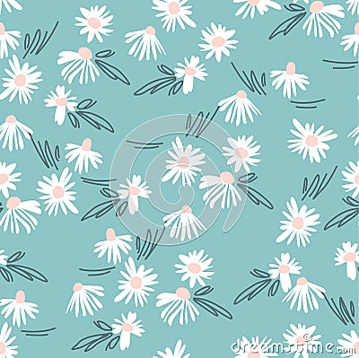 Mint Blue Daisy Flower Art Seamless Pattern Vector Illustration