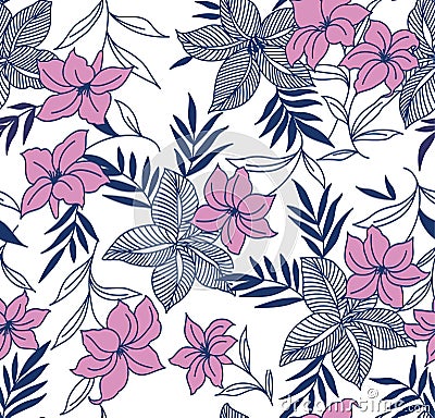Japanese Tropical Pink Flower Seamless Pattern Vector Illustration