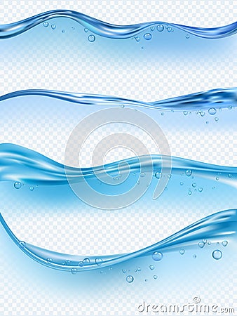 Wave realistic. Water splashes liquid surface with bubbles transparent aqua flowing vector wave pictures Vector Illustration