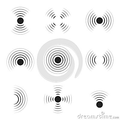 Wave sonar. Radar with signal. Icon of pulse. Concentric sound circle. High sonic frequency with vibration in air. Noise and Vector Illustration