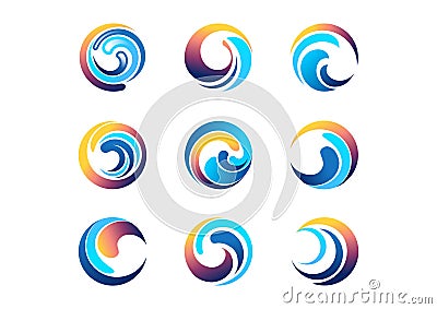 wave, sun, circle, logo, global, wind, sphere, sky, spiral, clouds, swirl elements symbol icon Vector Illustration