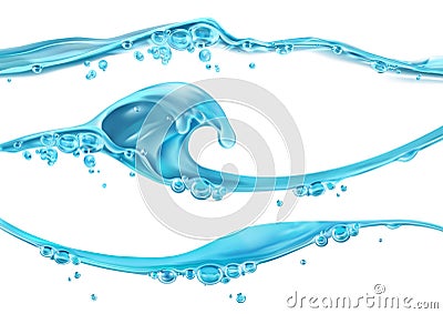 Wave of water and bubbles, 3d vector set Vector Illustration