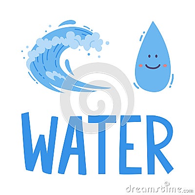 Wave Water Splash with Foam and Droplet with Smiling Face Vector Set Stock Photo