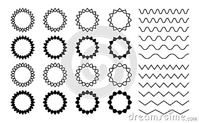 Wave zigzag dividers. Undulating zig zag round frames. Isolated horizontal squiggle wavy lines, black curved serrated Vector Illustration