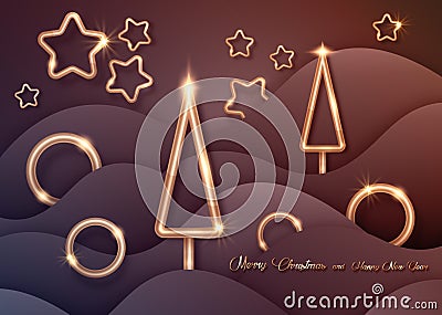 Waves background in paper cut style with golden Christmas decorations. New Year wavy landscape, gold luxury dark template. Vector Vector Illustration