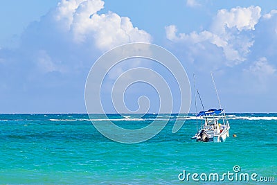 Waves boats caribbean coast and beach panorama view Tulum Mexico Editorial Stock Photo
