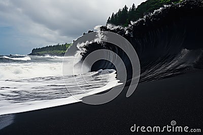 Waves breaking on black sand beach in Hawaii, Big Island, Silhouettes of tourists enjoying the black sand beach and ocean waves, Stock Photo
