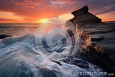 waves breaking over a long, flat rock at sunset Stock Photo