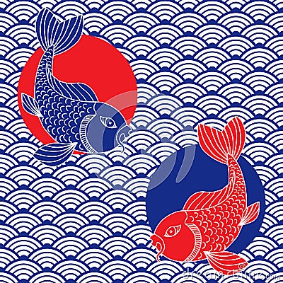 Waves and catfish symbols. Japanese ornament. Red, blue and white colors. Vector art Vector Illustration