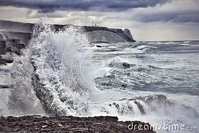 Waves Crash on Coast of Portugal Stock Photo