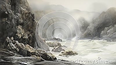 Coastal Serenity: A Captivating Water And Rocks Painting Stock Photo