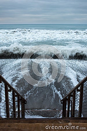 Waves crashing as El Nino storm moves in to San Clemente, California Stock Photo