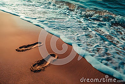 Waves erasing footprints in beach sand, natures cycle photo Stock Photo