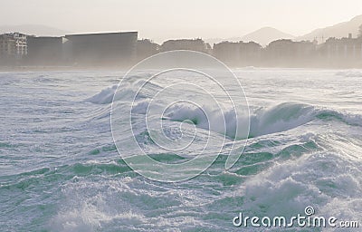 Waves in front of Zurriola beach, Donostia City, Euskadi Stock Photo