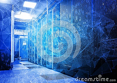 waves of information flows with triangles and particles in the server room of the data center. The concept of hacker attacks and d Stock Photo