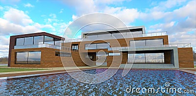 Waves in the pool of a modern design house. Finishing the exterior with a facade board. Reflective windows and terrace railings. Cartoon Illustration