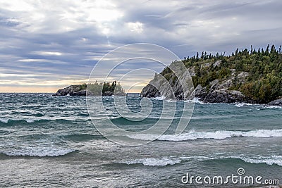 Waves on the rocky coast of Lake Superior Stock Photo