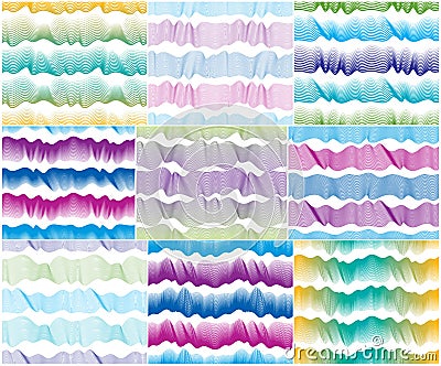 Waves seamless patterns set, vector water runny curve lines abstract repeat endless backgrounds collection, artistic colorful col Vector Illustration