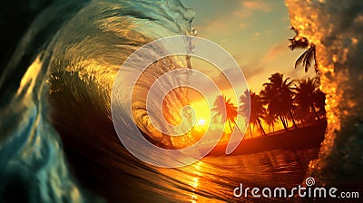 Waves at sunset in a paradise beach. Pipeline wave in the sunrise. In the eye of the wave Stock Photo
