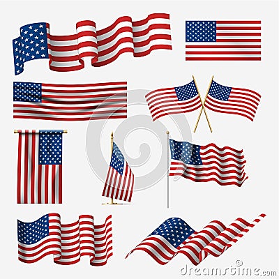 Waving american flag set, pride and democracy Vector Illustration