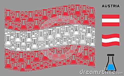 Waving Austria Flag Mosaic of Chemical Retort Items Vector Illustration