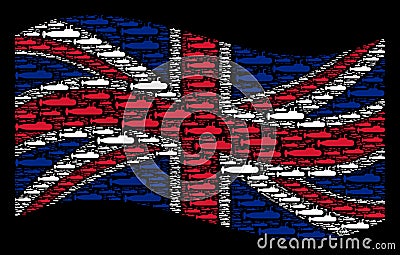 Waving British Flag Collage of Military Submarine Items Vector Illustration
