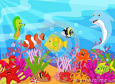 Waving cartoon dolphin underwater life set Vector Illustration