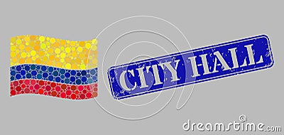 Waving Colombia Flag Collage of Circle Dots and Grunge City Hall Stamp Seal Vector Illustration