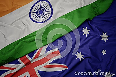 waving colorful flag of australia and national flag of india Stock Photo