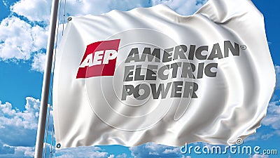 Waving flag with American Electric Power logo. Editoial 3D rendering Editorial Stock Photo