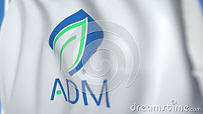 Flying flag with Archer Daniels Midland logo, close-up. Editorial 3D rendering Editorial Stock Photo