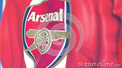 Waving flag with Arsenal football team logo, close-up. Editorial 3D rendering Editorial Stock Photo
