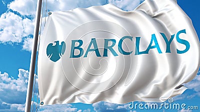 Waving flag with Barclays logo against sky and clouds. Editorial 3D rendering Editorial Stock Photo