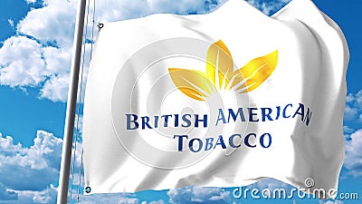 Waving flag with British American Tobacco BAT logo against clouds and sky. Editorial 3D rendering Editorial Stock Photo