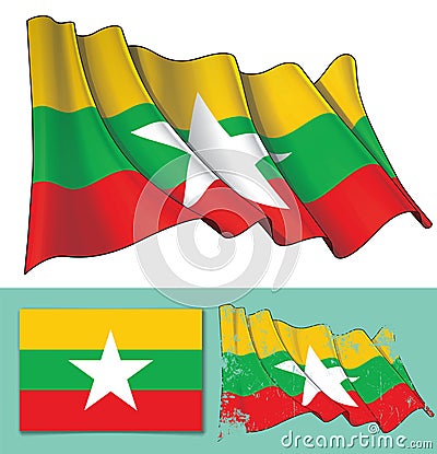 Waving Flag of Burma - Myanmar Vector Illustration