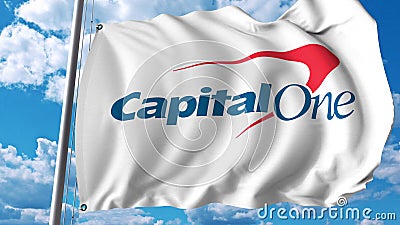 Waving flag with Capital One logo. Editoial 3D rendering Editorial Stock Photo