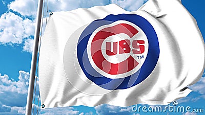 Waving flag with Chicago Cubs professional team logo. Editorial 3D rendering Editorial Stock Photo