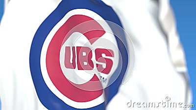 Waving flag with Chicago Cubs team logo, close-up. Editorial 3D rendering Editorial Stock Photo