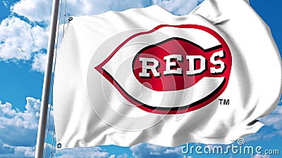 Waving flag with Cincinnati Reds professional team logo. Editorial 3D rendering Editorial Stock Photo