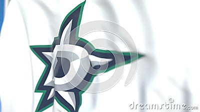 Waving flag with Dallas Stars NHL hockey team logo, close-up. Editorial 3D rendering Editorial Stock Photo