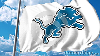 Waving flag with Detroit Lions professional team logo. Editorial 3D rendering Editorial Stock Photo