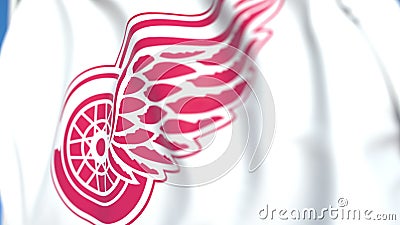 Waving flag with Detroit Red Wings NHL hockey team logo, close-up. Editorial 3D rendering Editorial Stock Photo