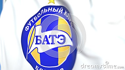 Flying flag with FC Bate Borisov football club logo, close-up. Editorial 3D rendering Editorial Stock Photo