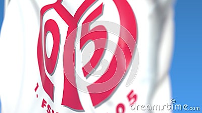 Flying flag with 1. FSV Mainz 05 football club logo, close-up. Editorial 3D rendering Editorial Stock Photo