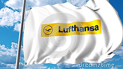 Waving flag with Lufthansa logo. 3D rendering Editorial Stock Photo
