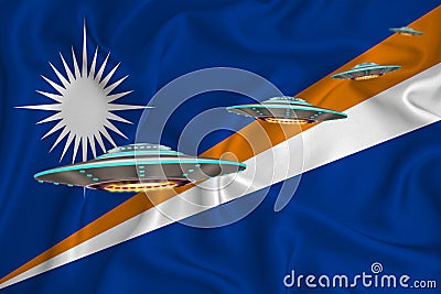 Waving flag of Marshall Islands. UFO group on the background of the flag. UFO news concept in the country. 3D rendering Stock Photo